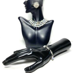 Vintage Aurora Borealis Crystal Necklace Bracelet and Clip on Earrings Set